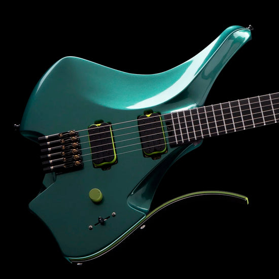 Aston martin f1 inspired headless guitar by luthier Dean Gordon. 