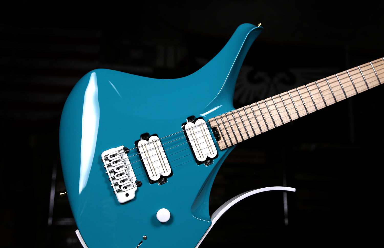 Highly custom virtus electric guitar with white hardware and bareknuckle mike stringer halcyon humbuckers. 